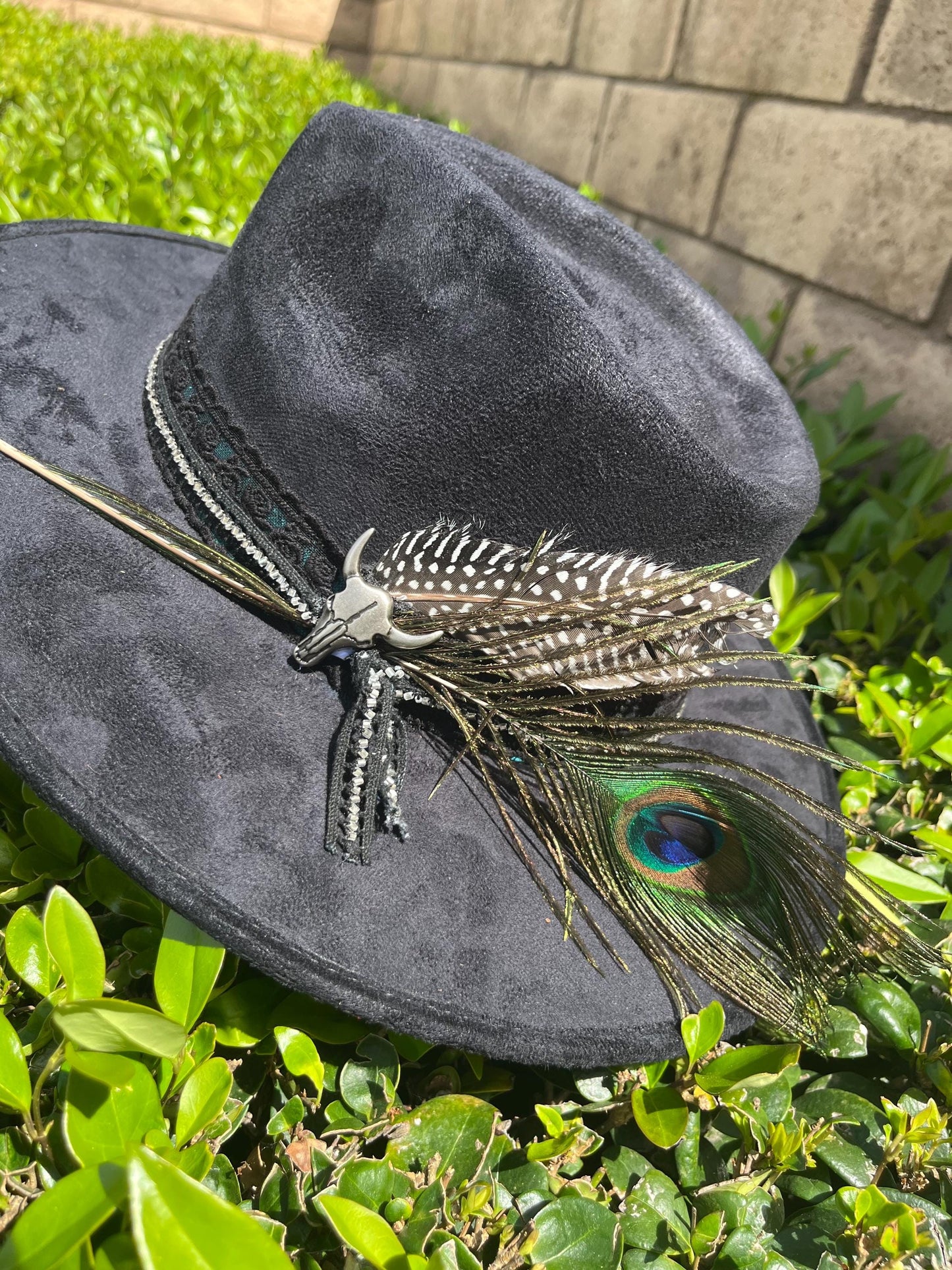 Black suede flat brim western cowboy hat