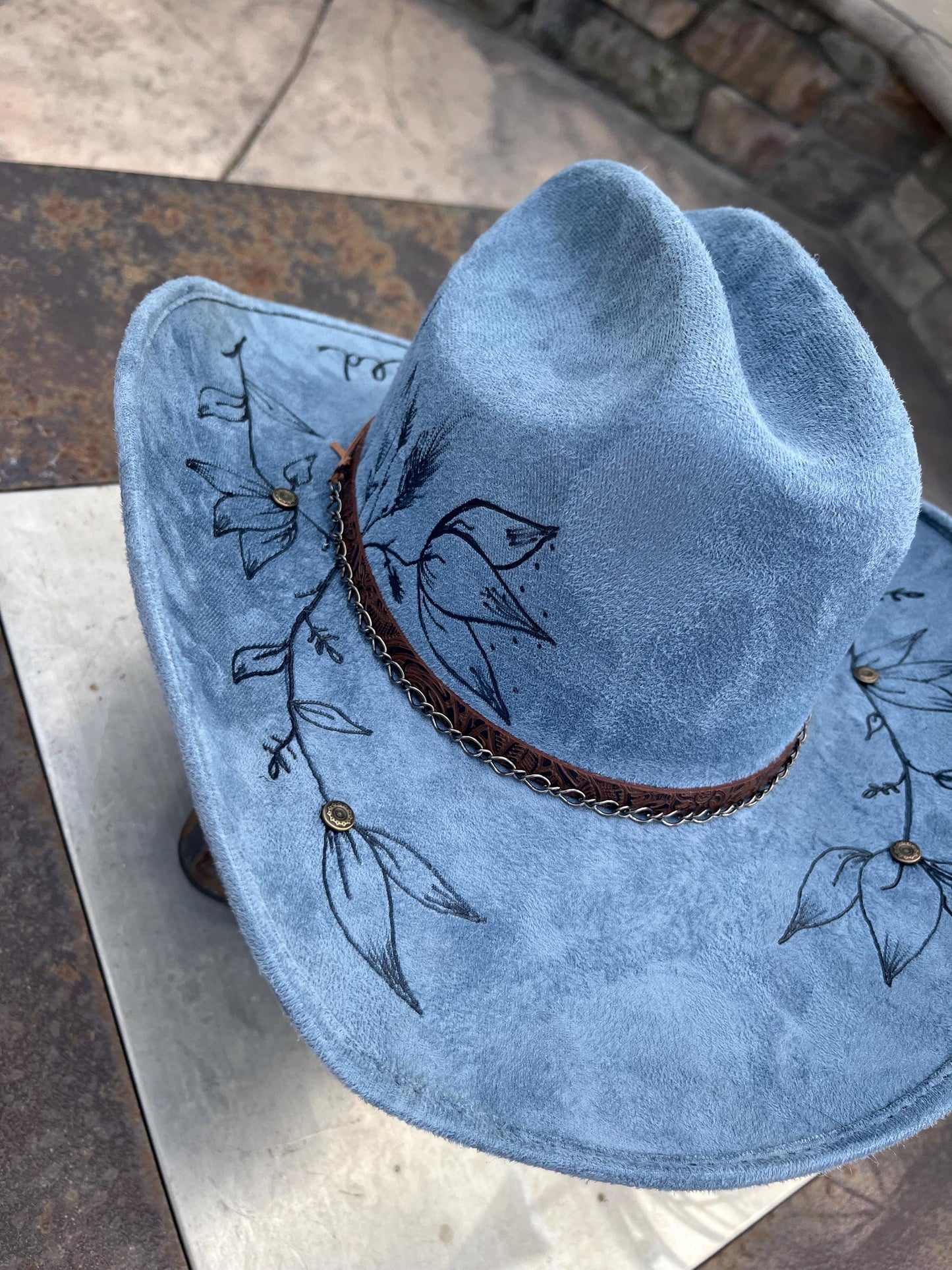 denim blue burned cowboy hat
