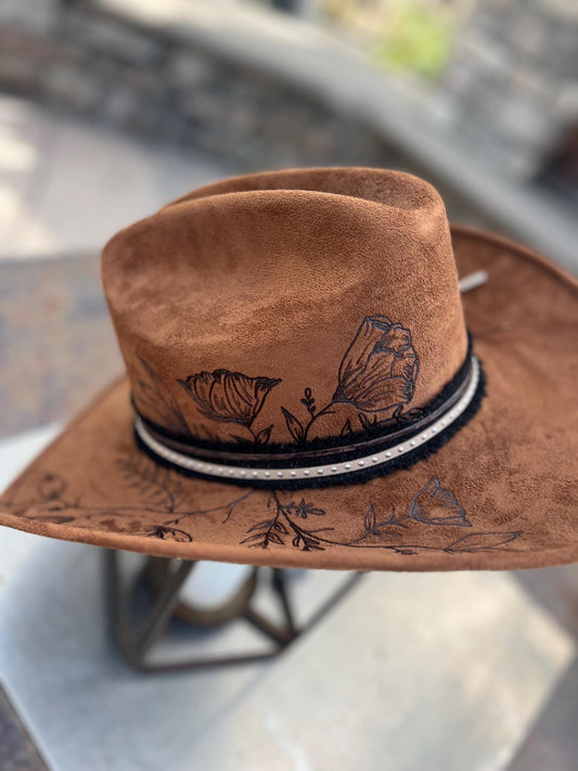 Brown suede hand burned western cowboy hat