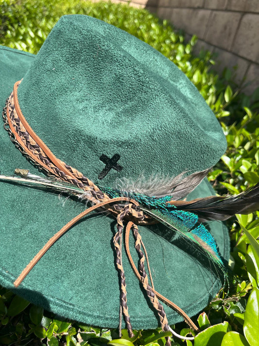 Emerald green branded suede flat brim western cowboy hat