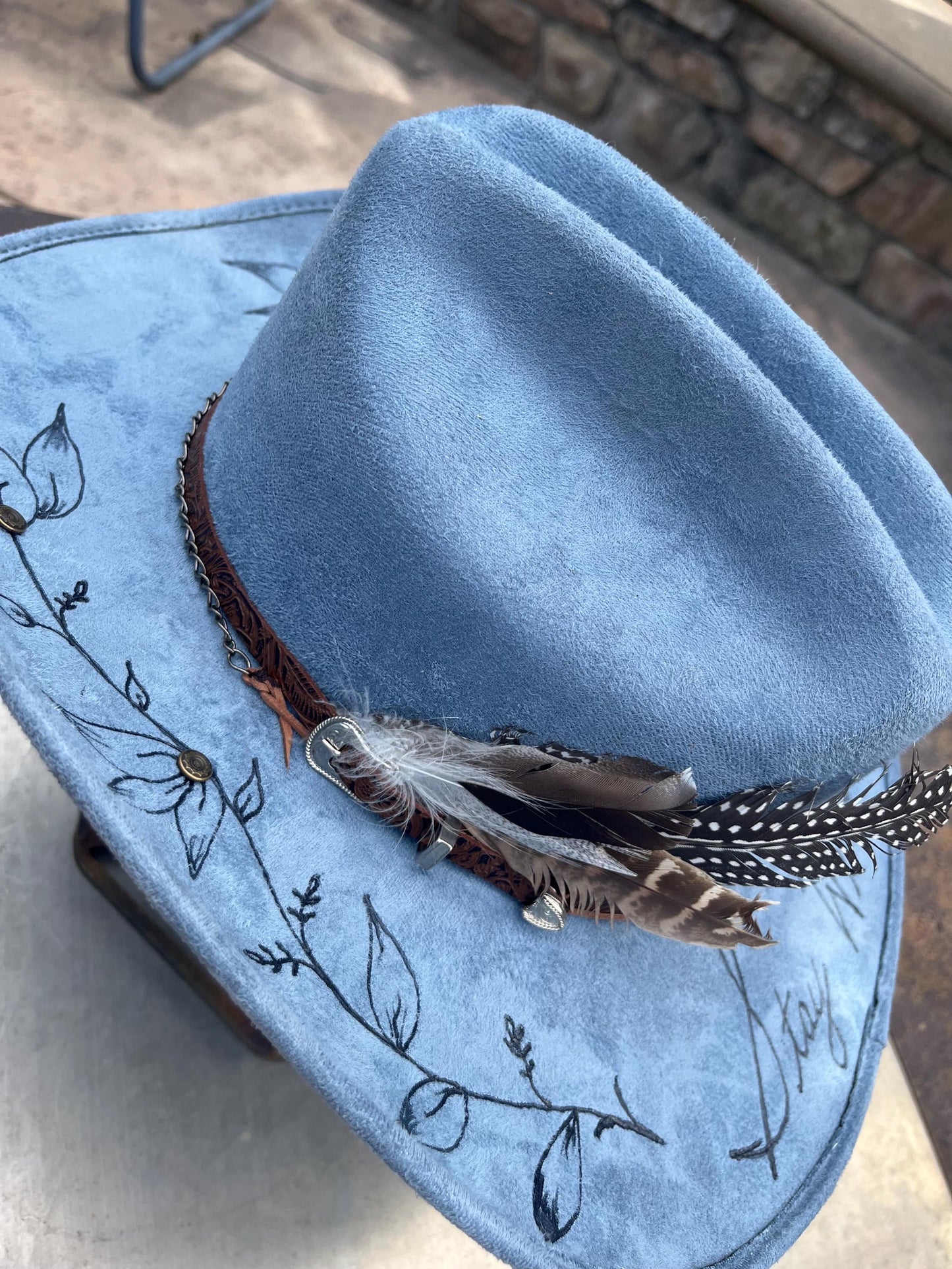 denim blue burned cowboy hat
