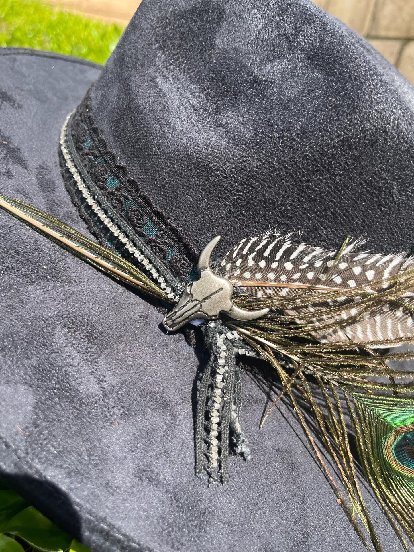 Black suede flat brim western cowboy hat