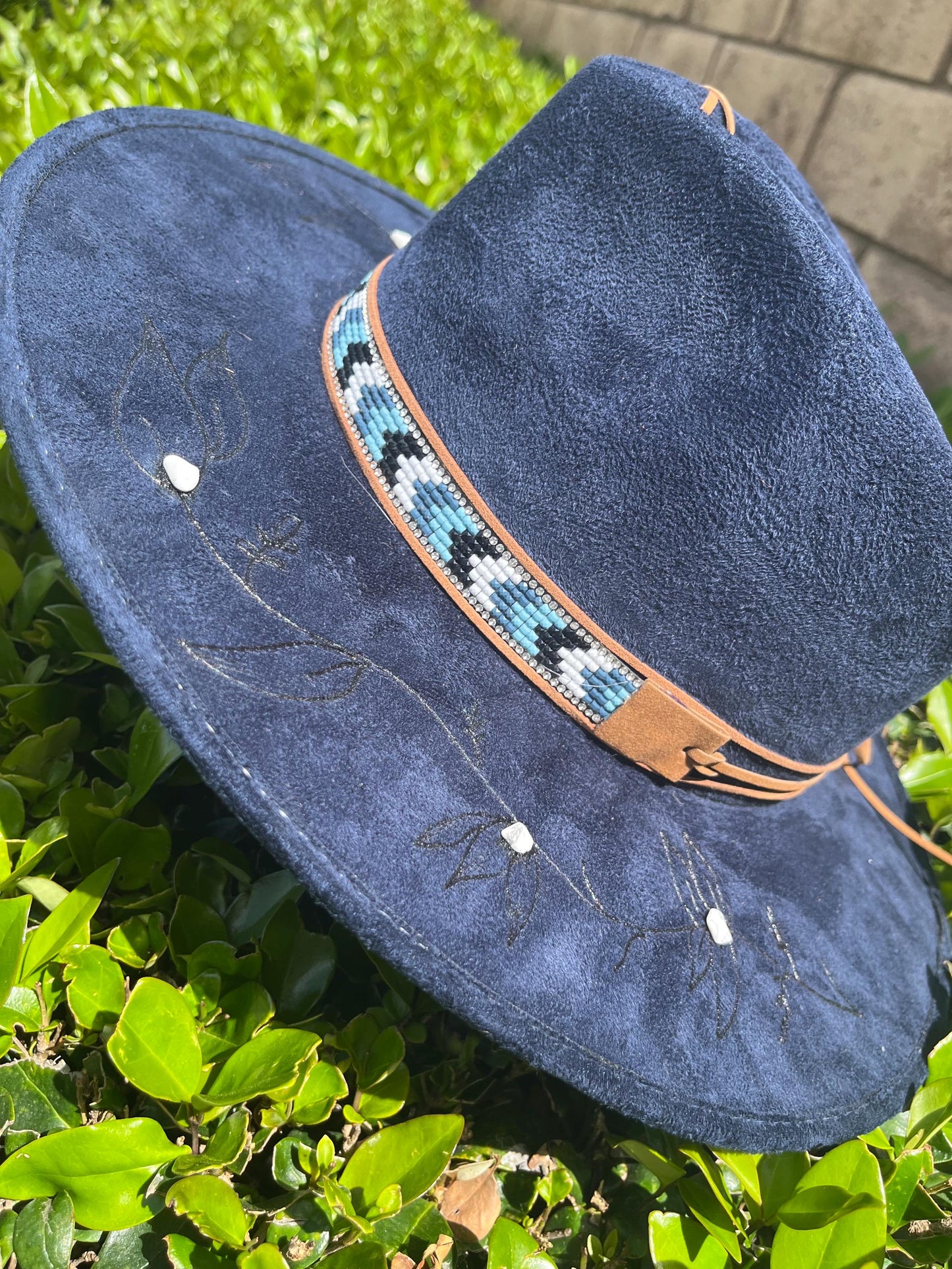 Navy blue burned flat brim western cowboy hat