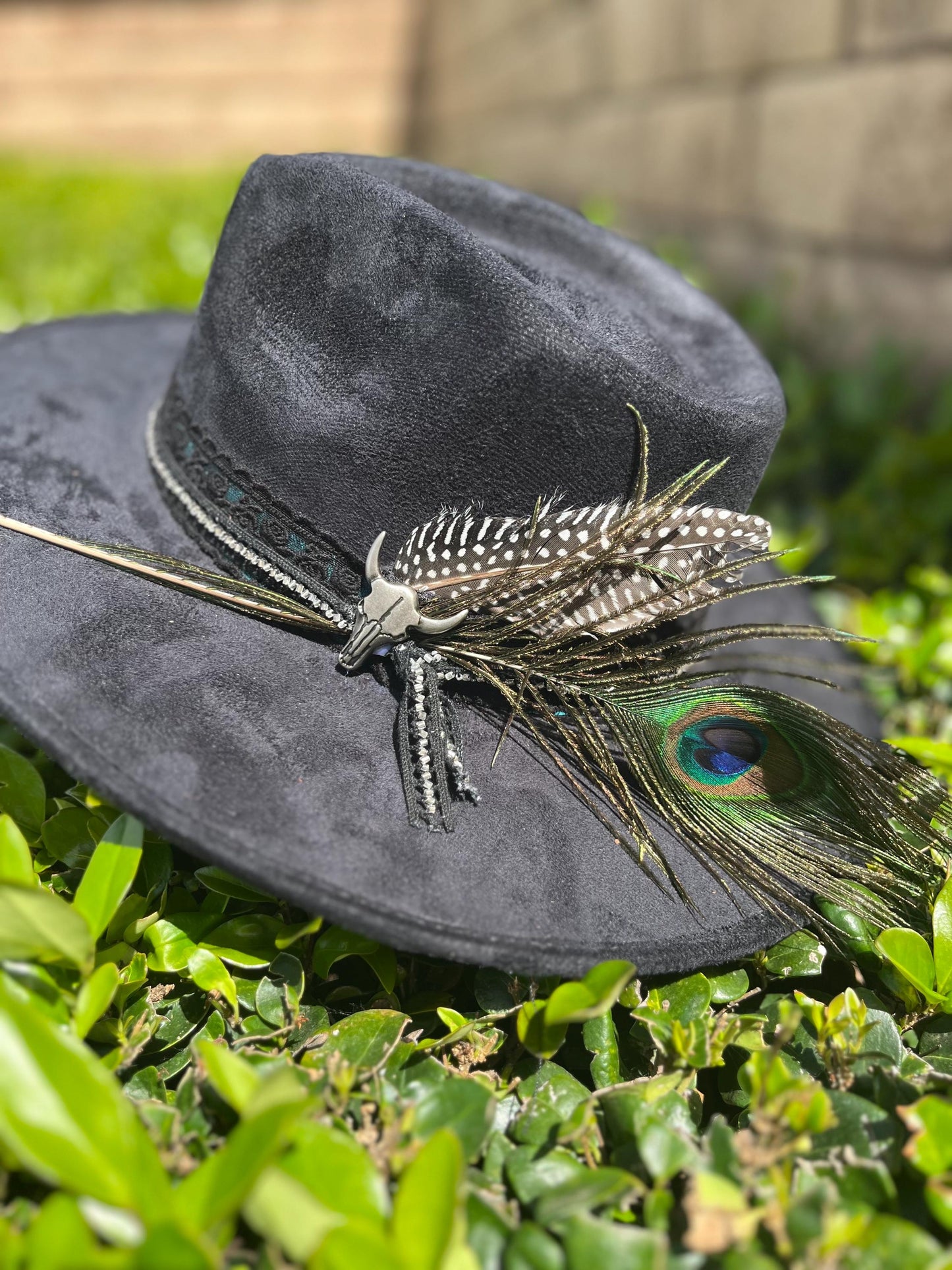Black suede flat brim western cowboy hat