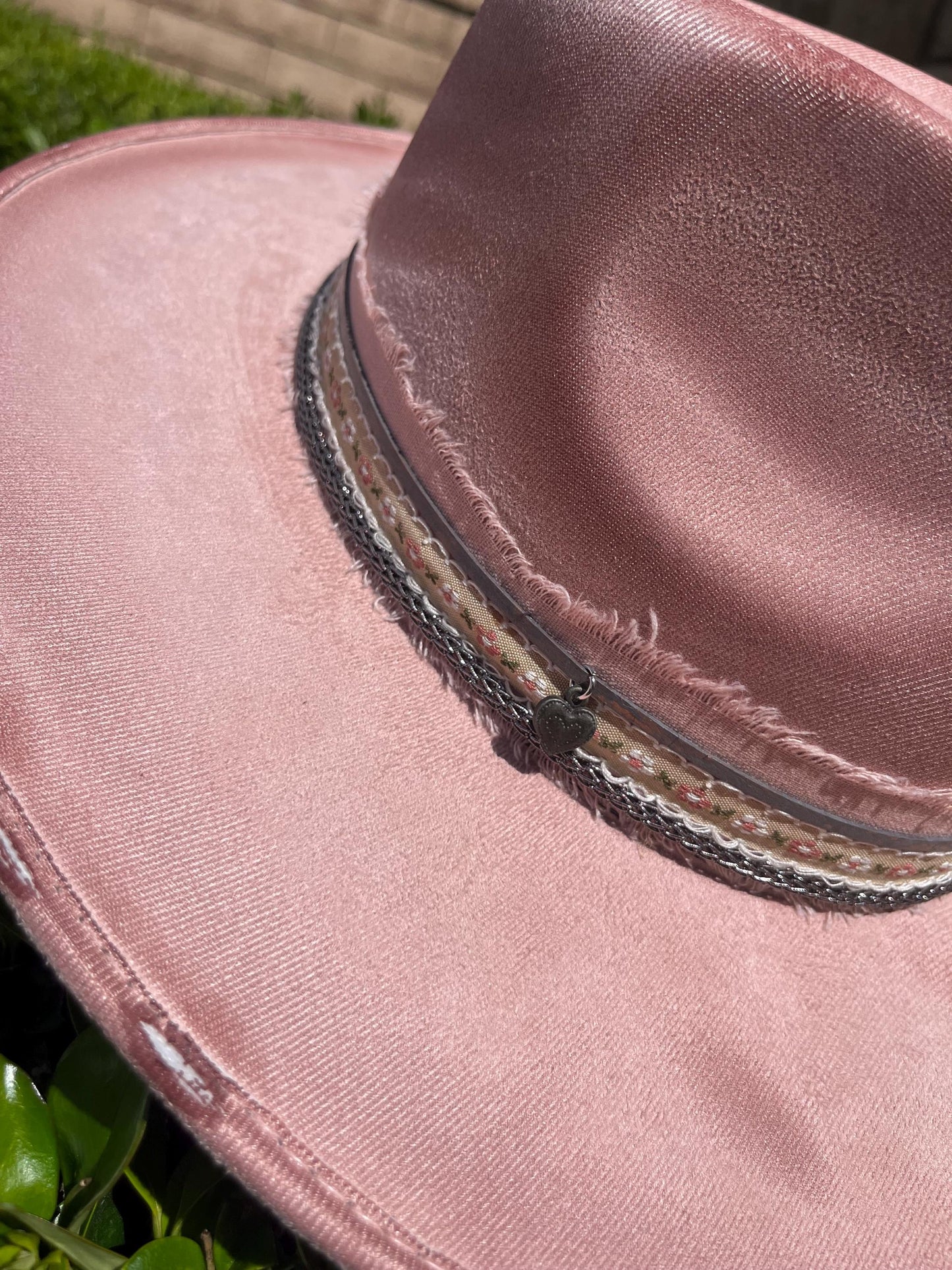 Hand burned distressed Pink western flat brim cowboy hat