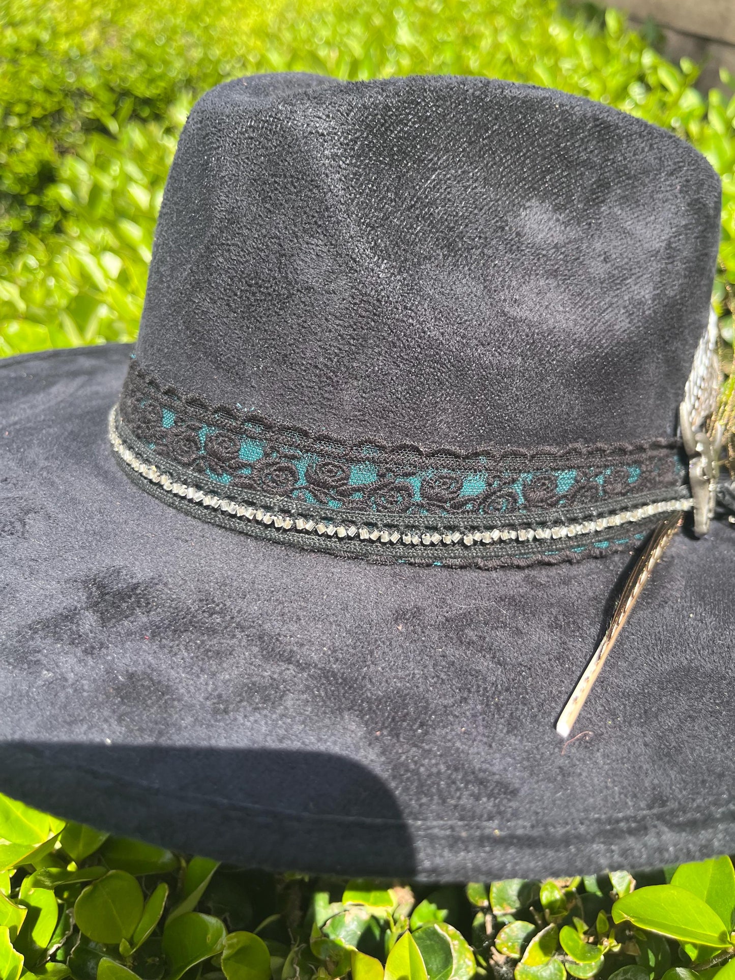 Black suede flat brim western cowboy hat