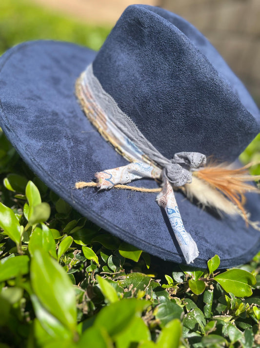 Navy blue suede flat brim western cowboy hat