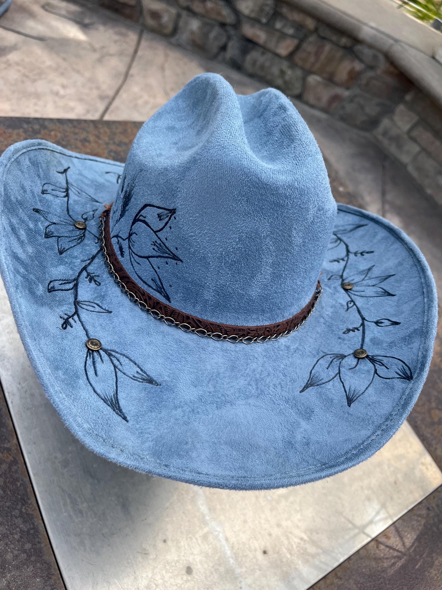 denim blue burned cowboy hat