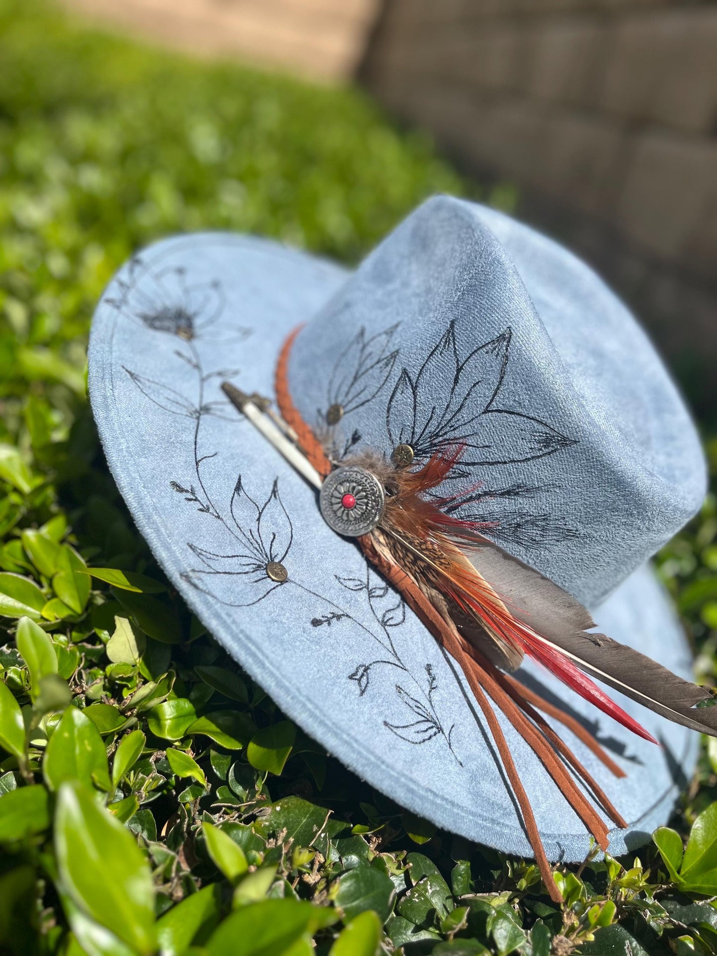 denim blue burned flat brim western cowboy hat