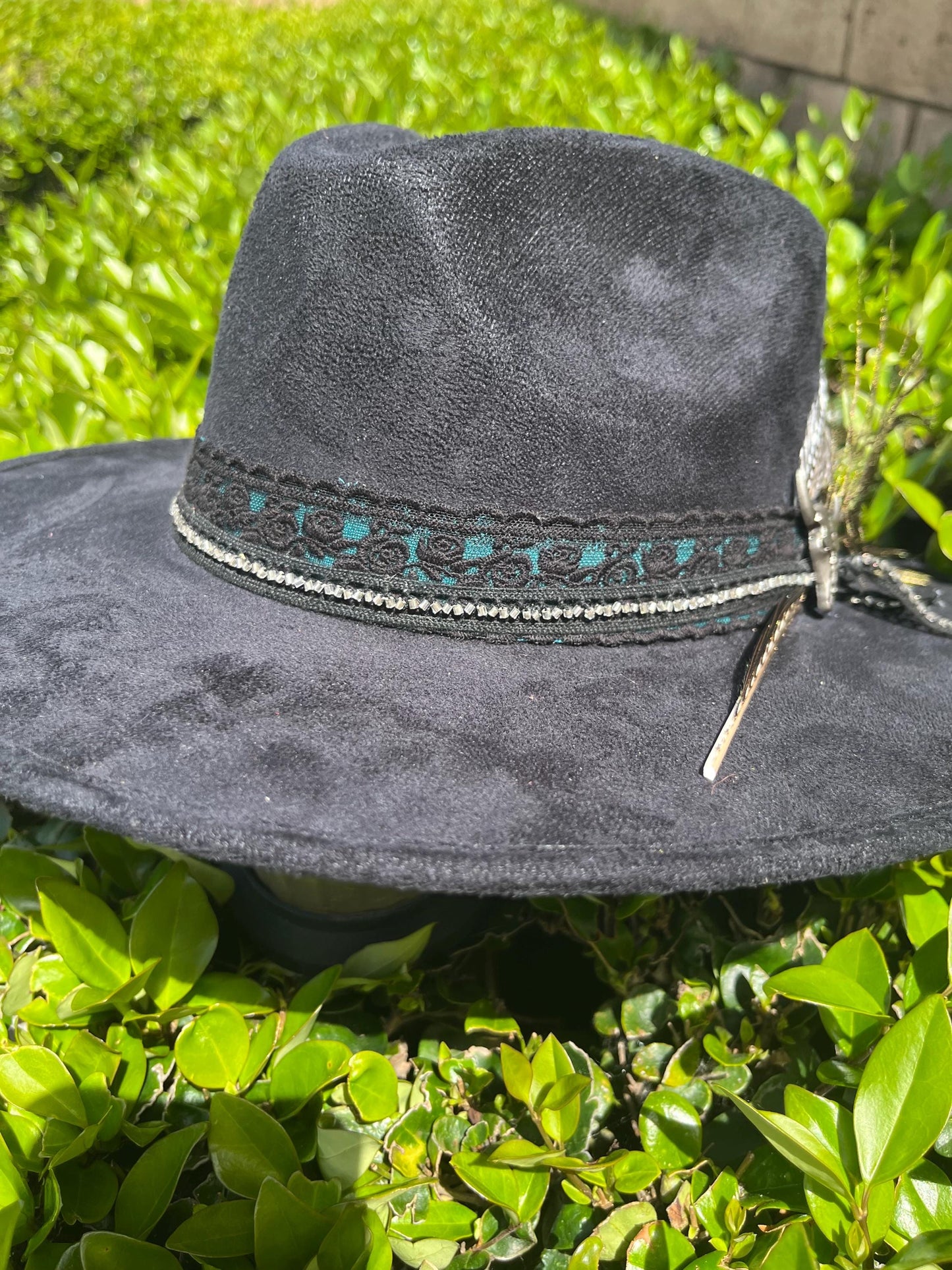 Black suede flat brim western cowboy hat