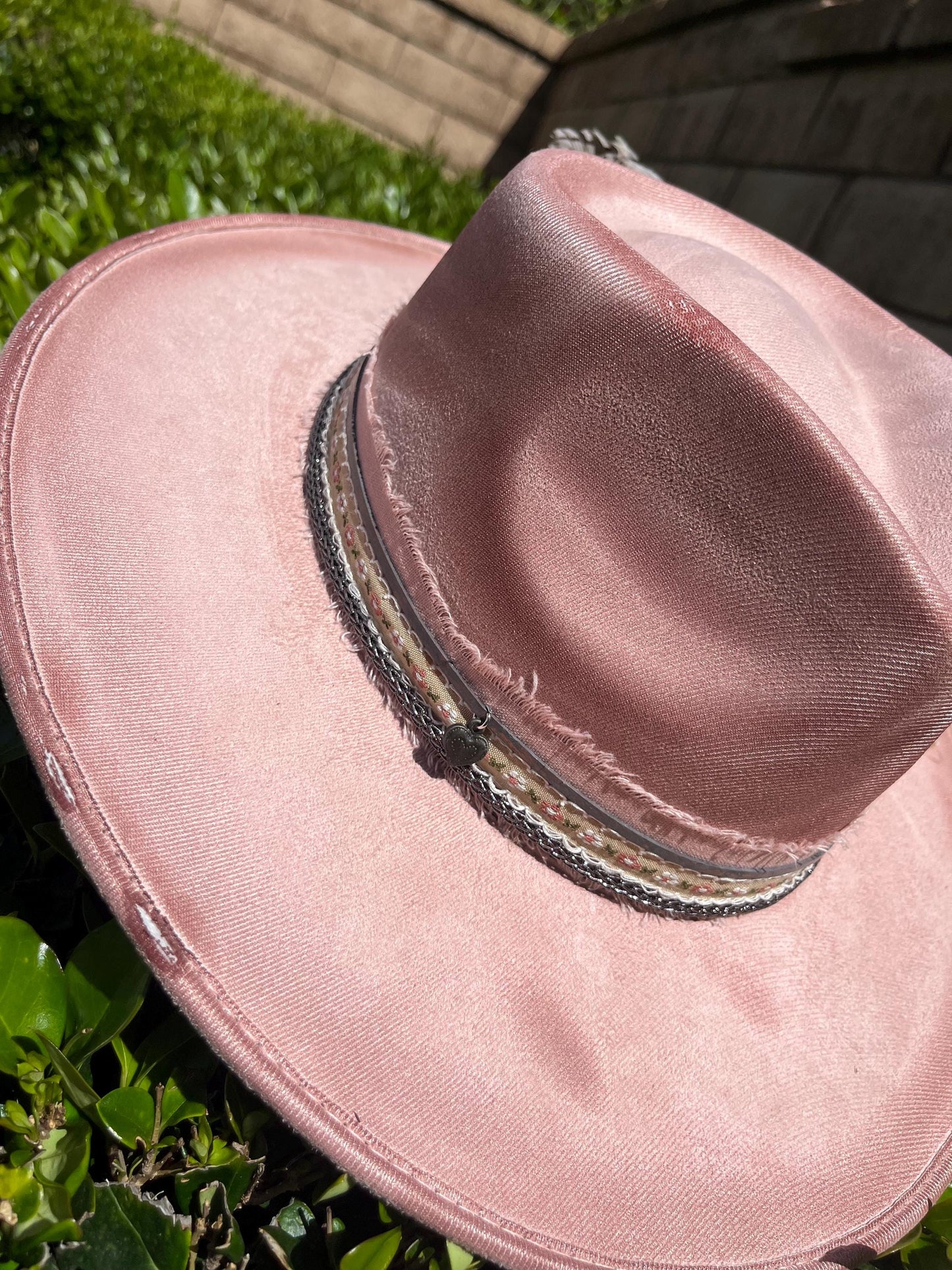 Hand burned distressed Pink western flat brim cowboy hat