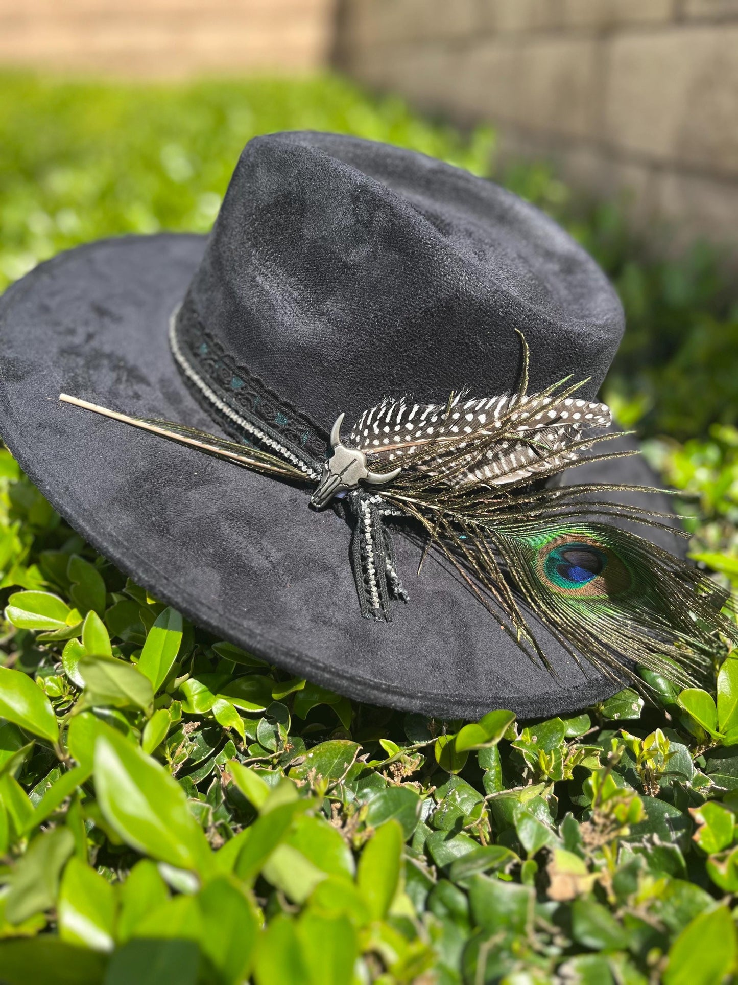 Black suede flat brim western cowboy hat