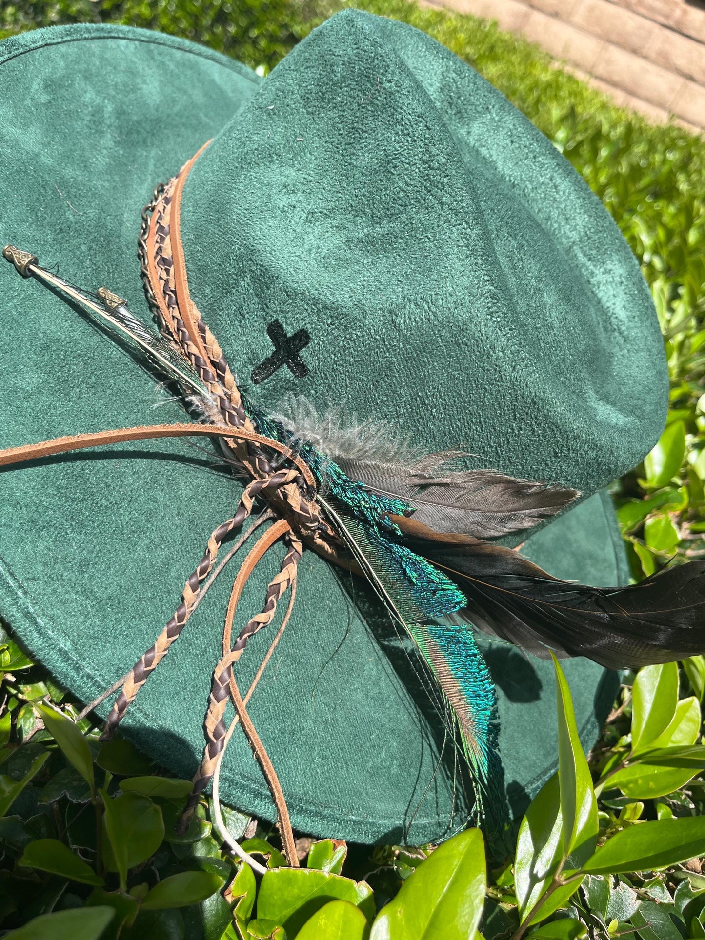 Emerald green branded suede flat brim western cowboy hat