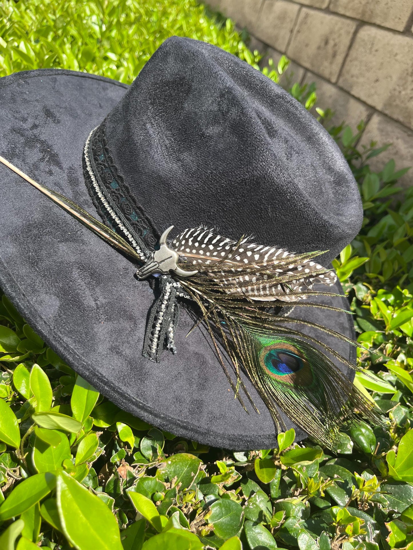 Black suede flat brim western cowboy hat