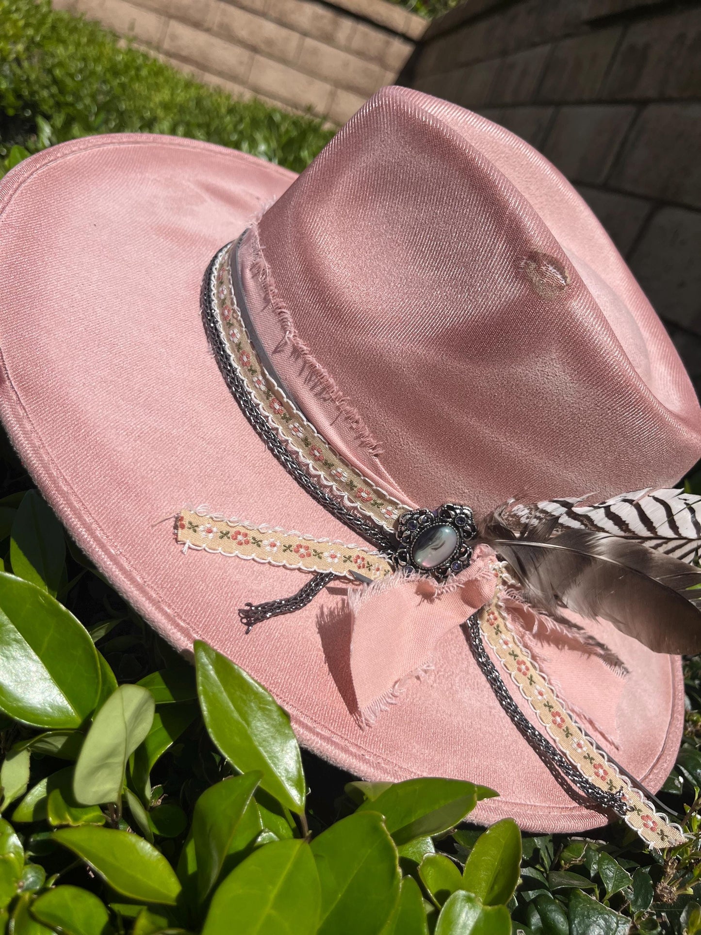 Hand burned distressed Pink western flat brim cowboy hat