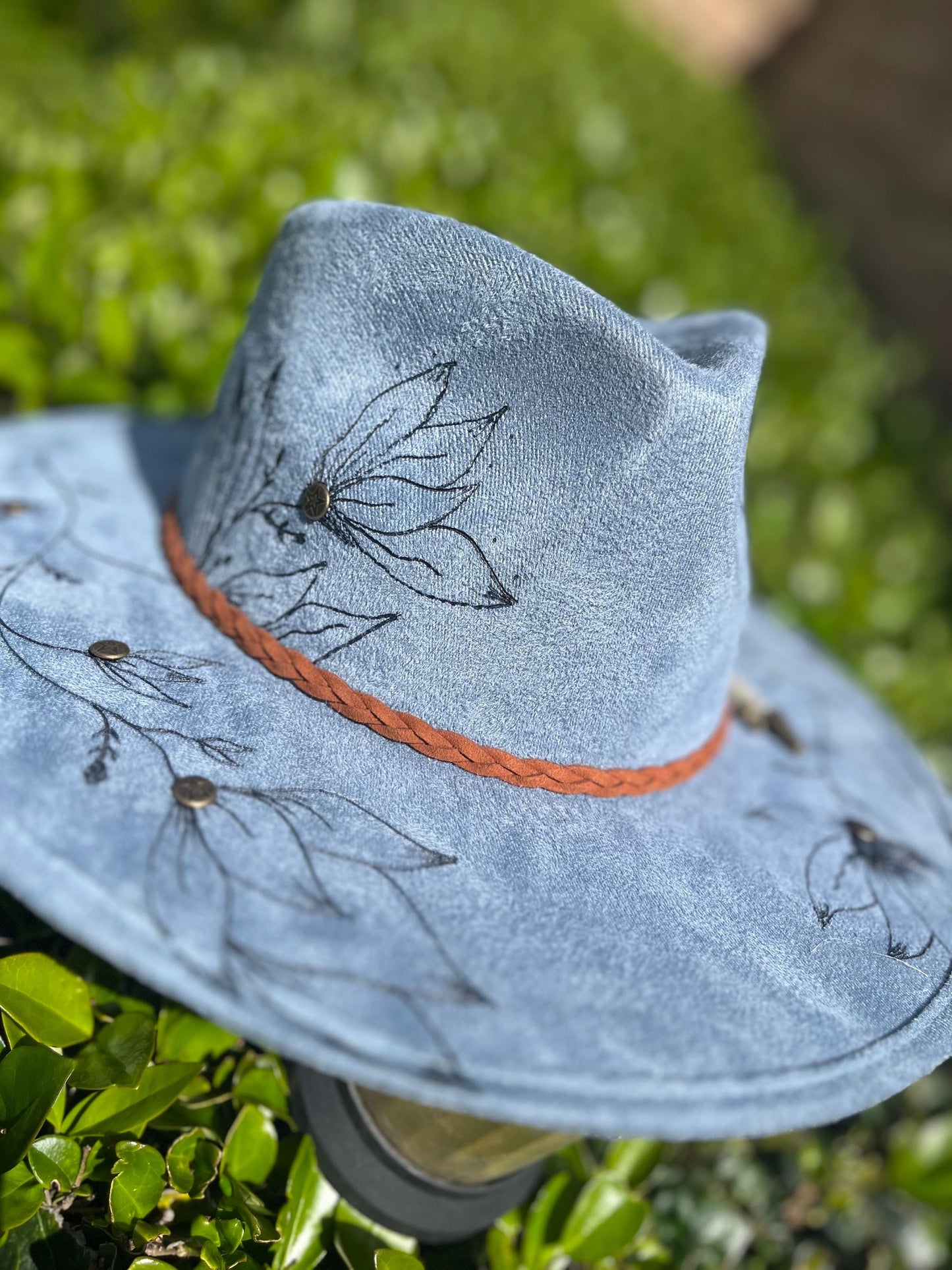 denim blue burned flat brim western cowboy hat