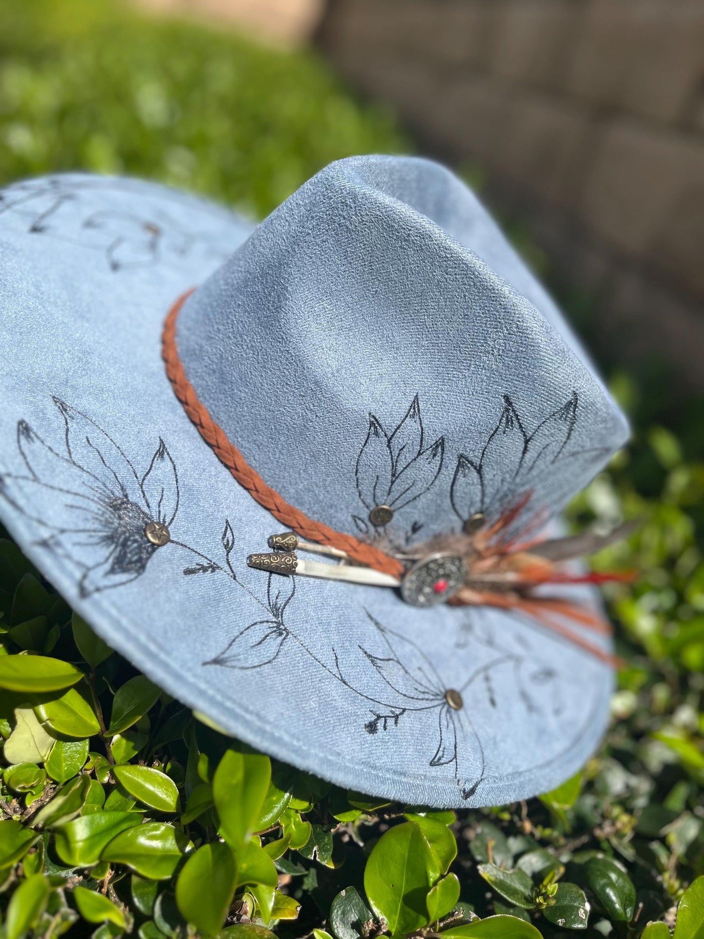 denim blue burned flat brim western cowboy hat