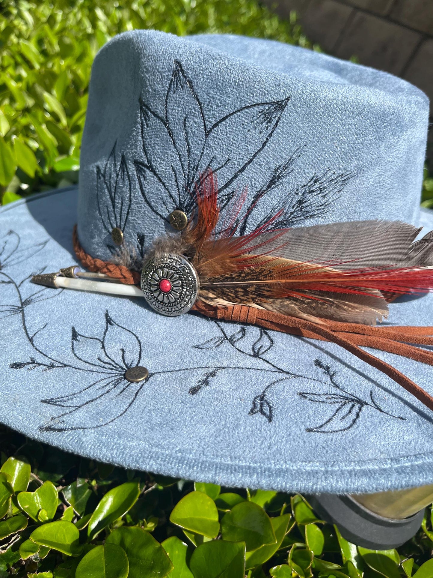 denim blue burned flat brim western cowboy hat