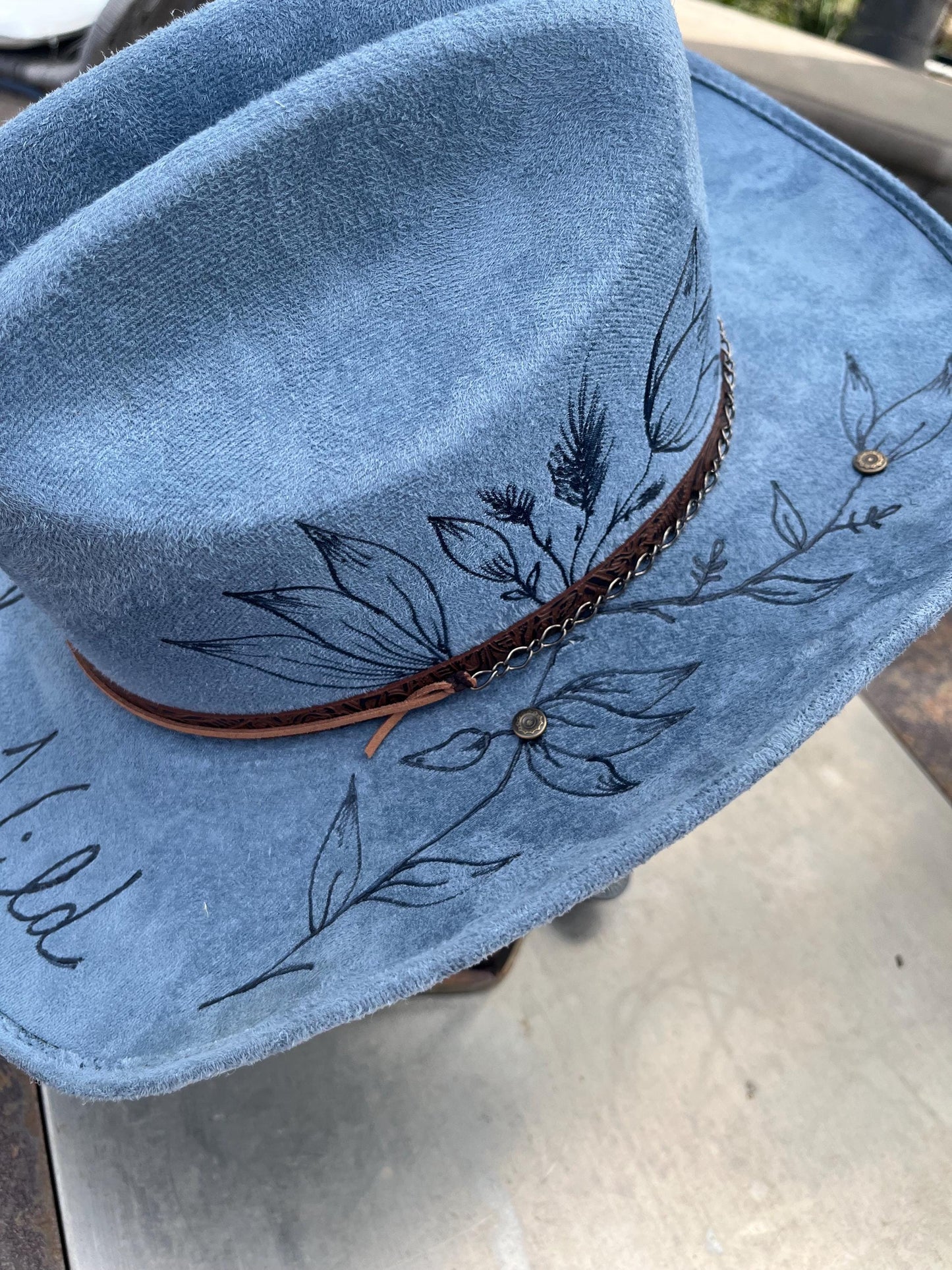 denim blue burned cowboy hat