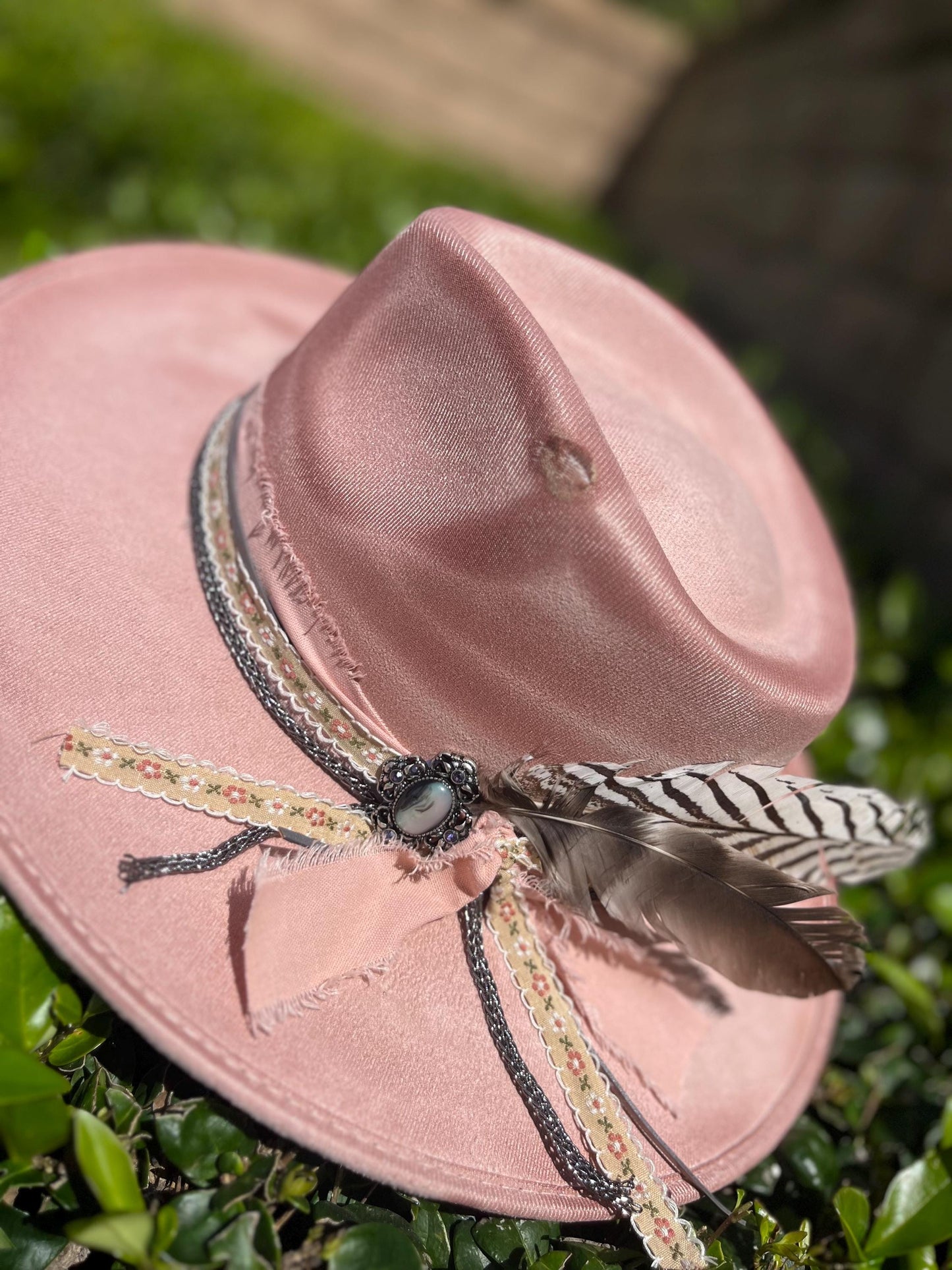 Hand burned distressed Pink western flat brim cowboy hat