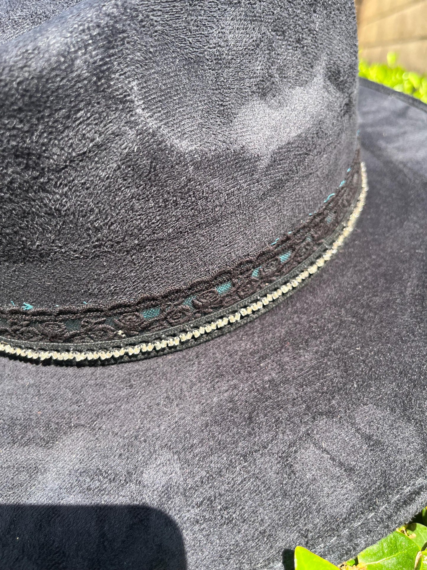 Black suede flat brim western cowboy hat