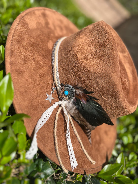 Tobacco brown suede flat brim western cowboy hat