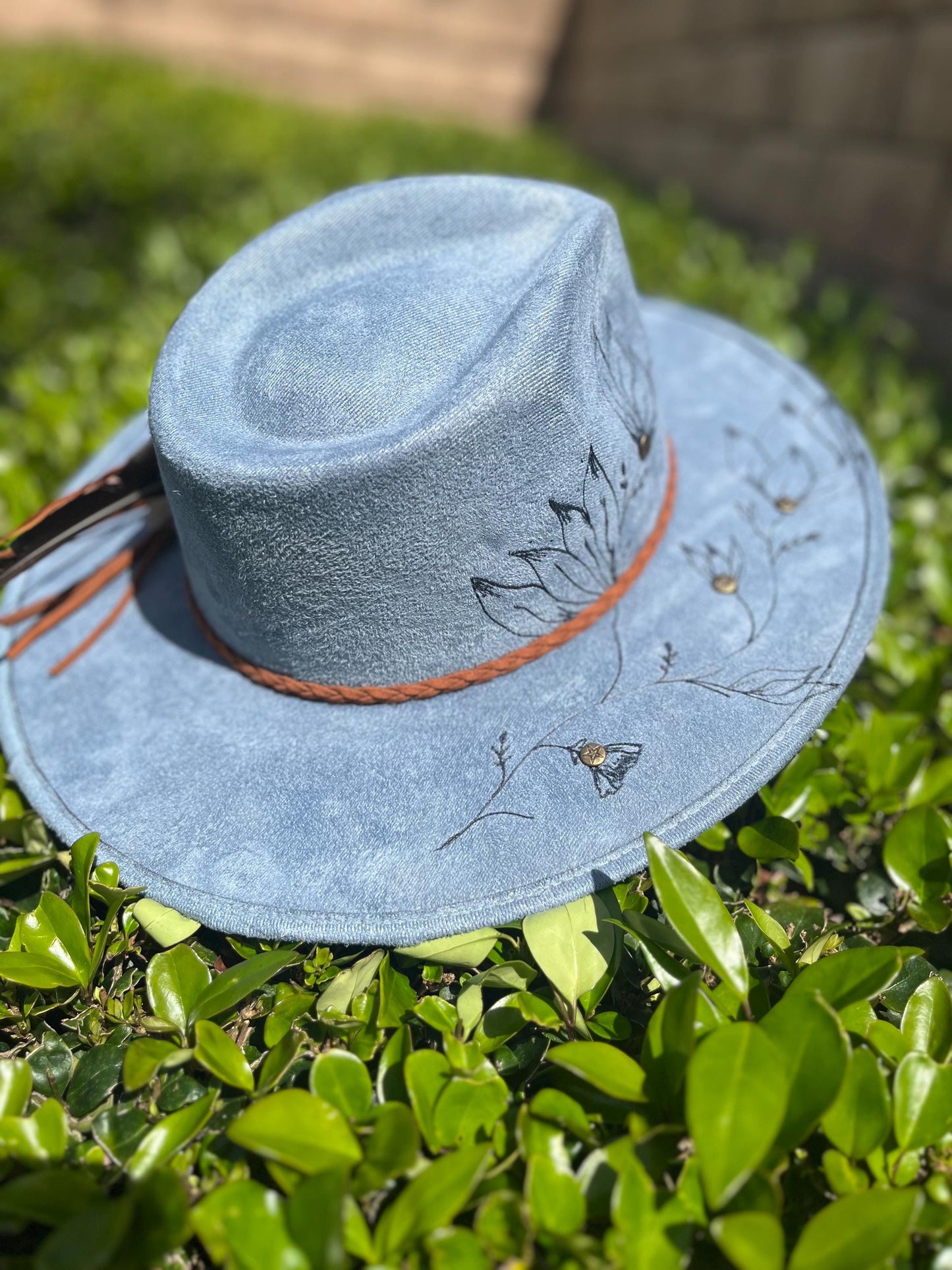 denim blue burned flat brim western cowboy hat