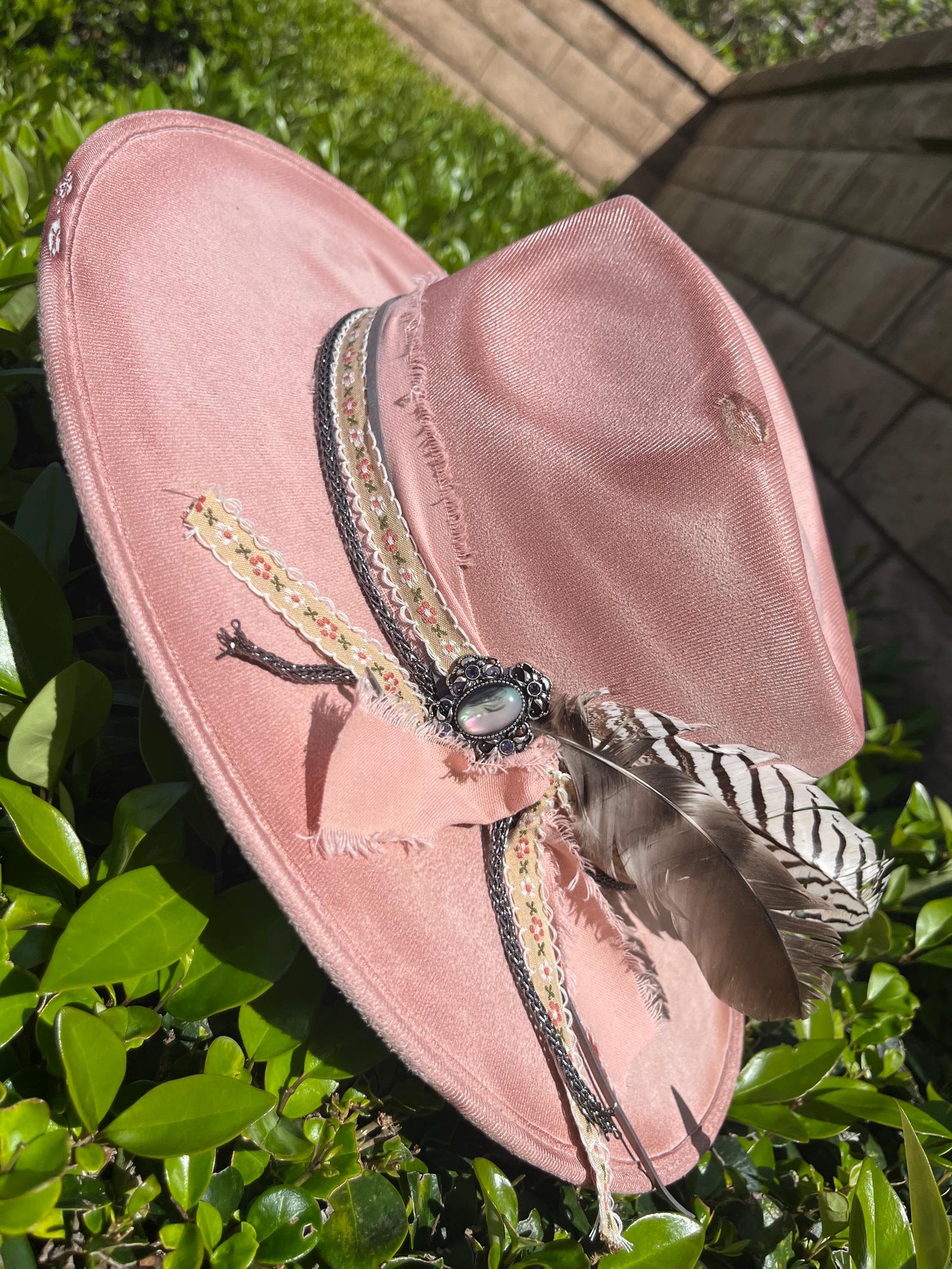Hand burned distressed Pink western flat brim cowboy hat