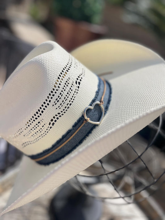 western cowboy hard straw hat with dark blue denim band
