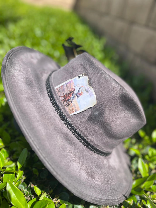 Grey suede hand burned pretty little poison flat brim western cowboy hat