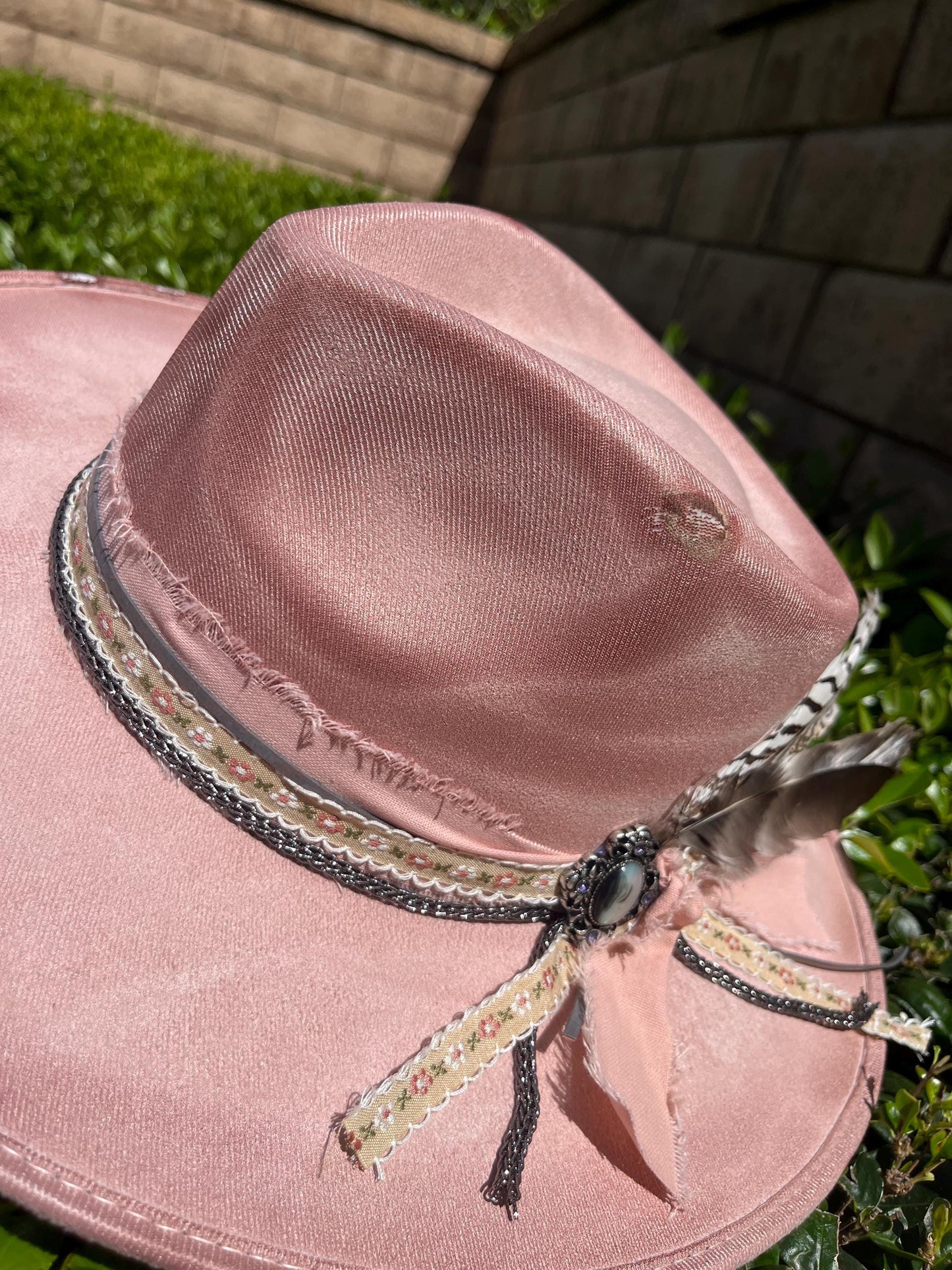 Hand burned distressed Pink western flat brim cowboy hat