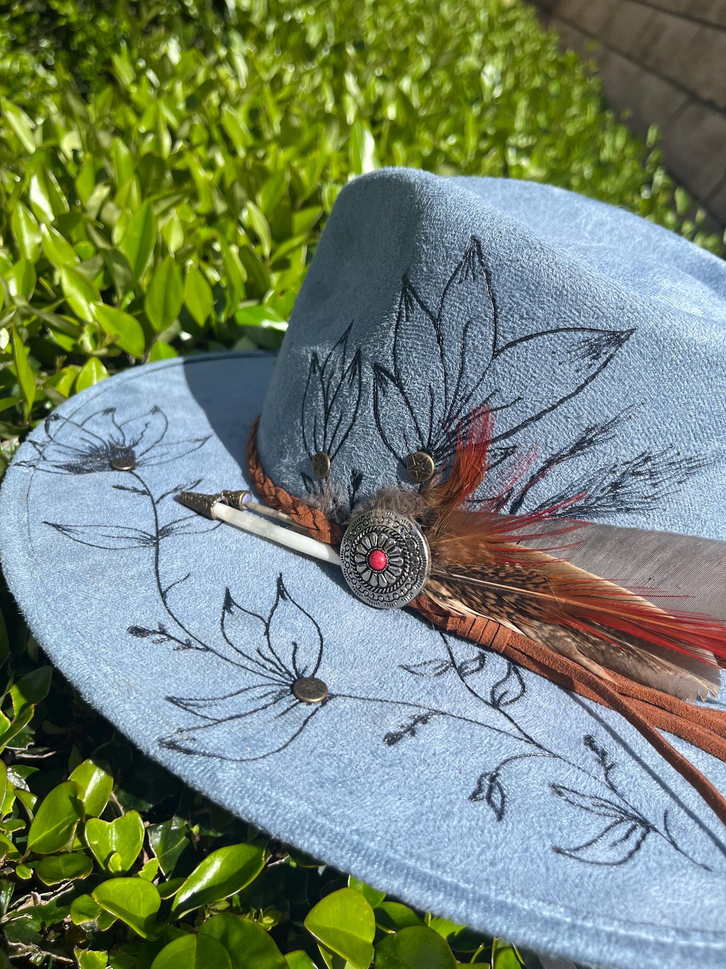 denim blue burned flat brim western cowboy hat