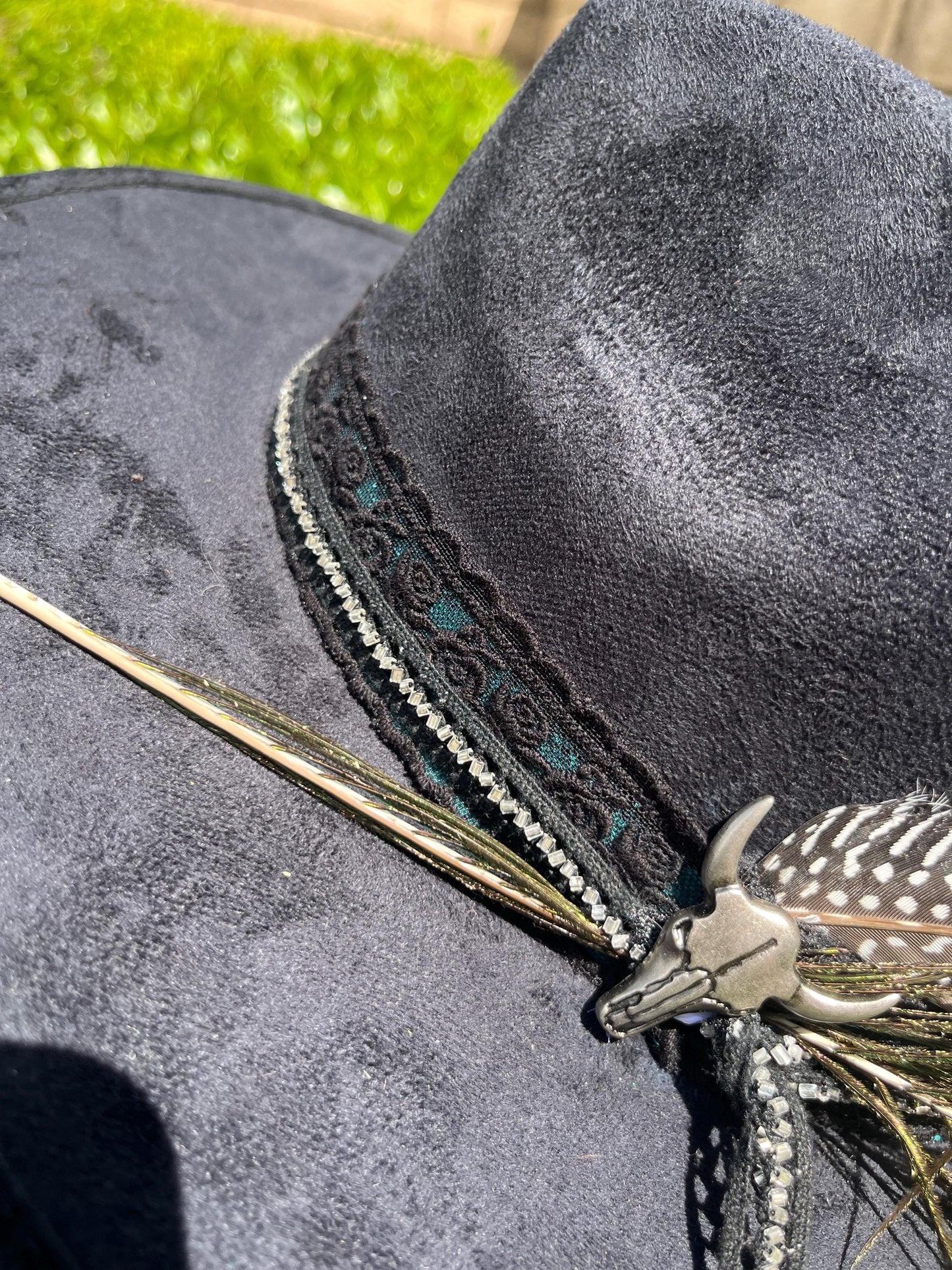 Black suede flat brim western cowboy hat