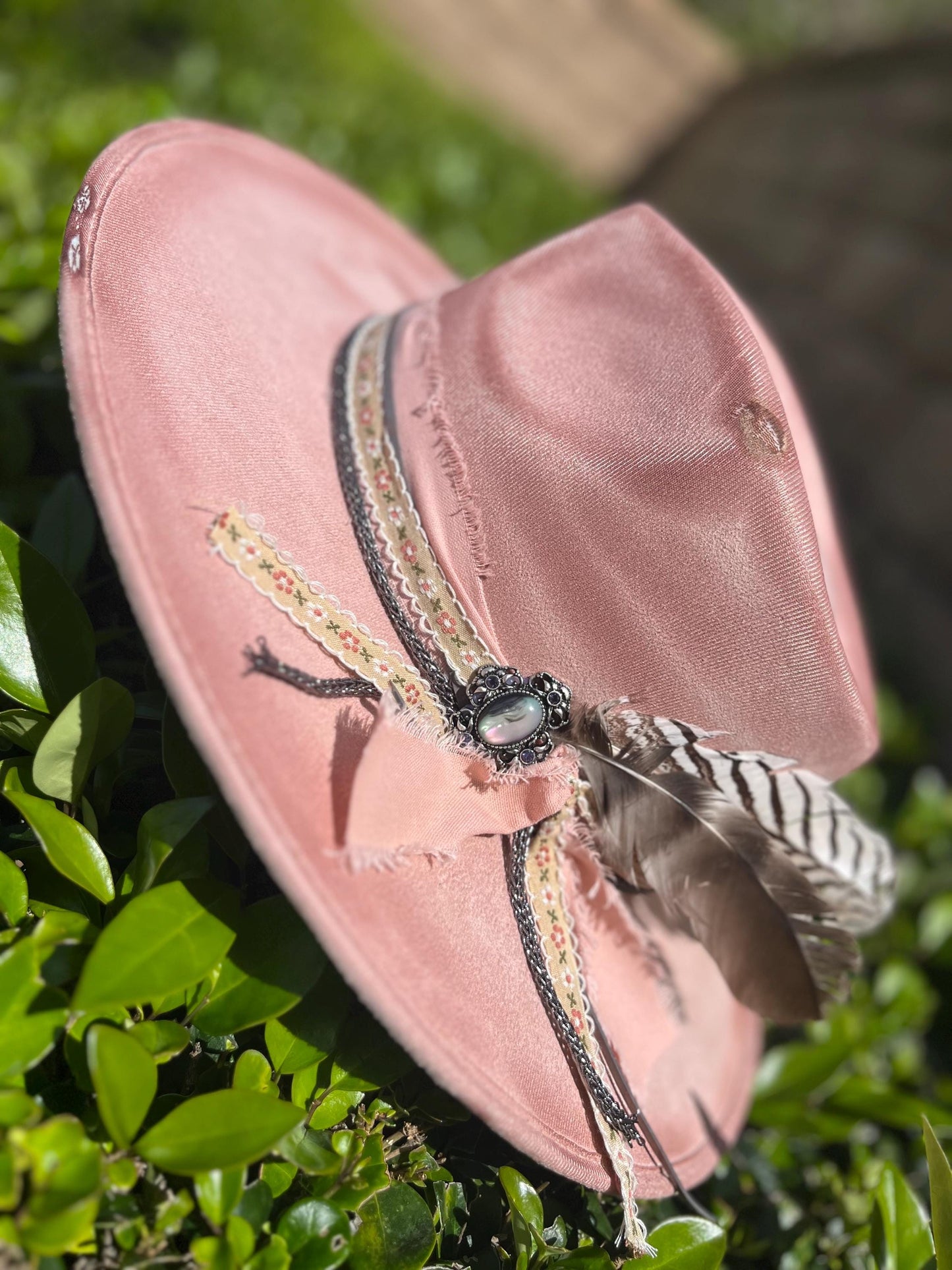 Hand burned distressed Pink western flat brim cowboy hat