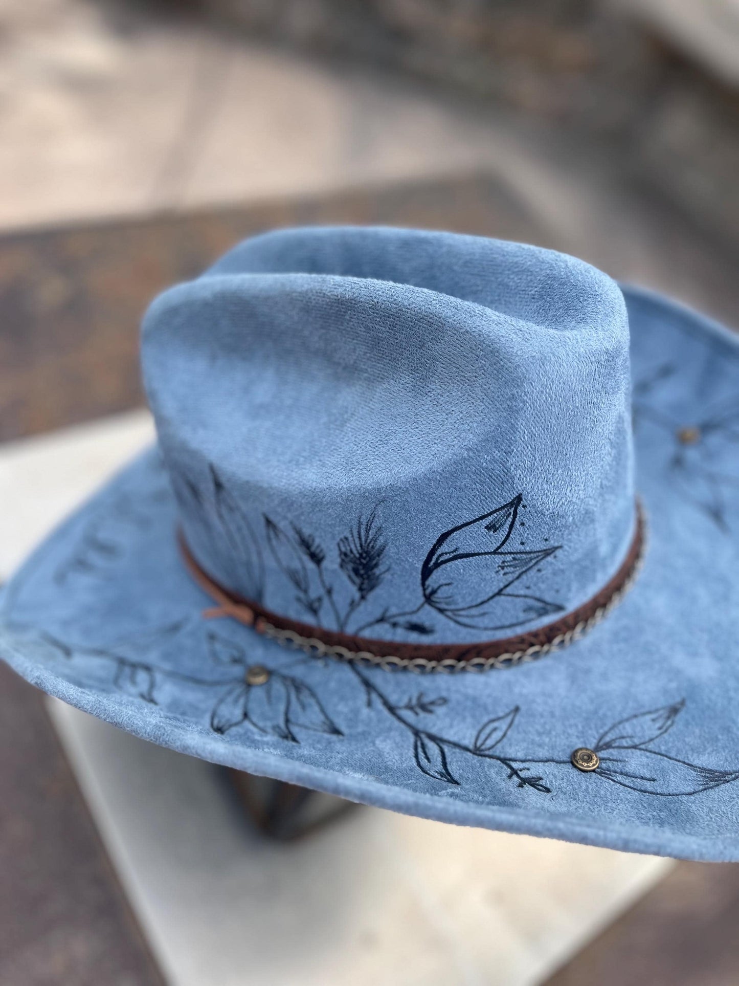 denim blue burned cowboy hat