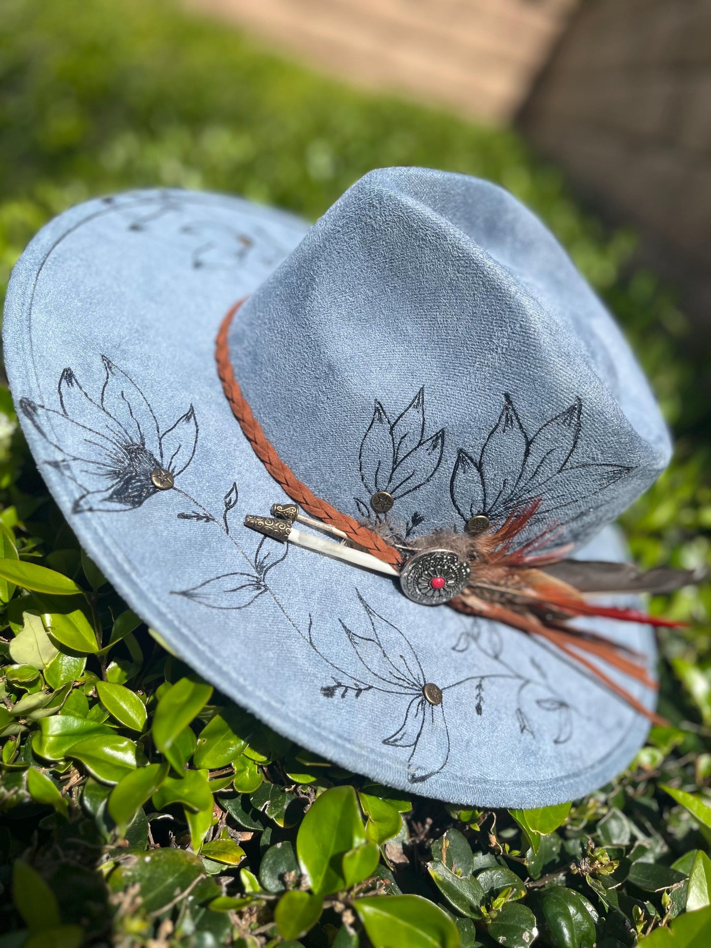 denim blue burned flat brim western cowboy hat