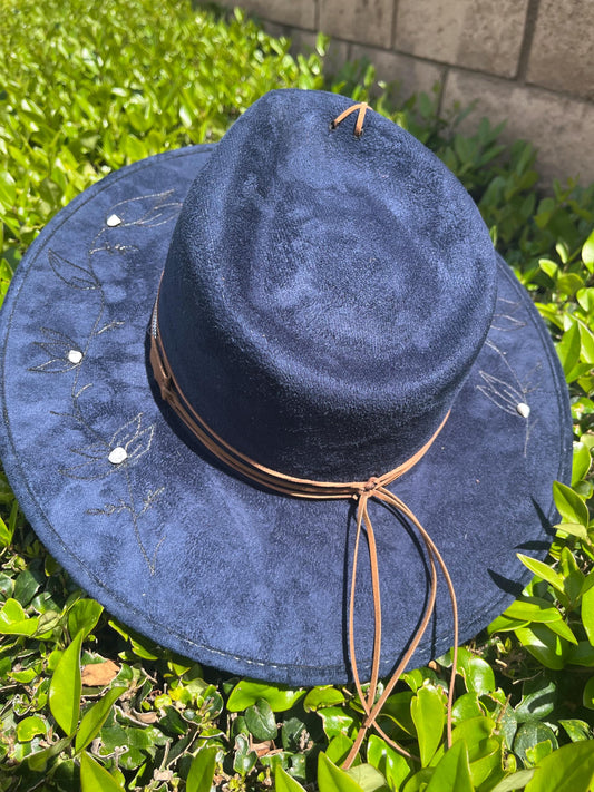Navy blue burned flat brim western cowboy hat
