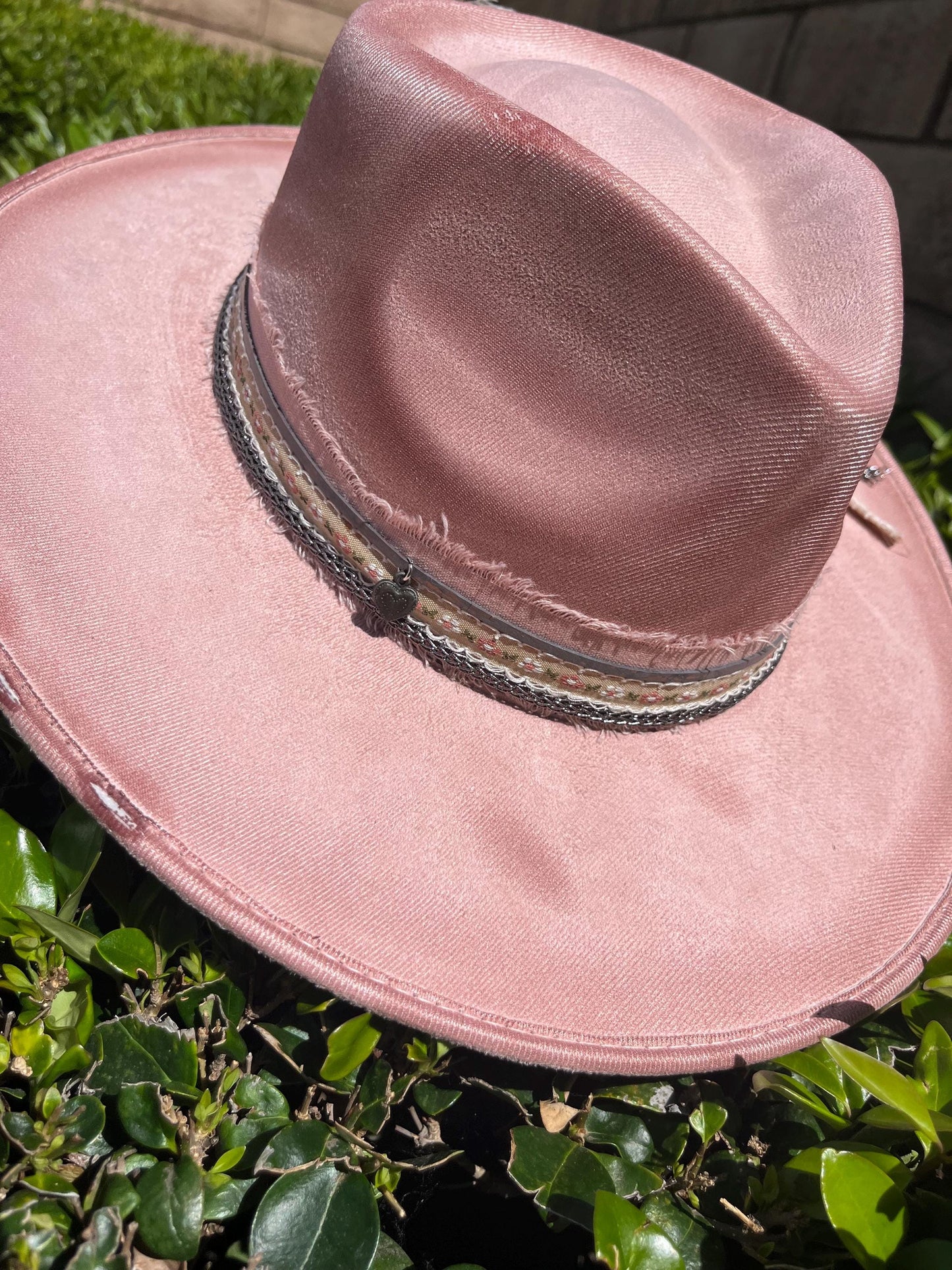 Hand burned distressed Pink western flat brim cowboy hat
