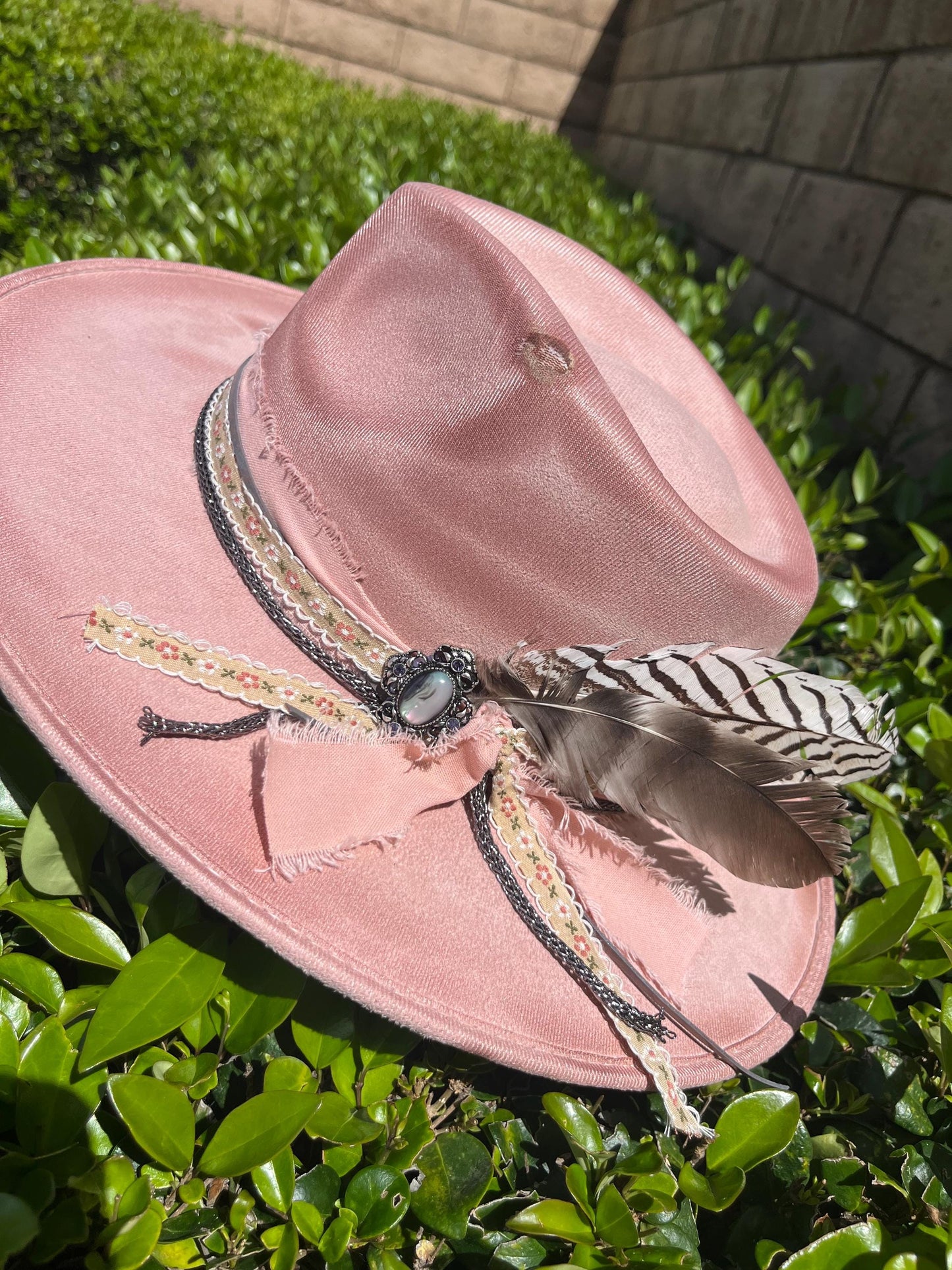 Hand burned distressed Pink western flat brim cowboy hat
