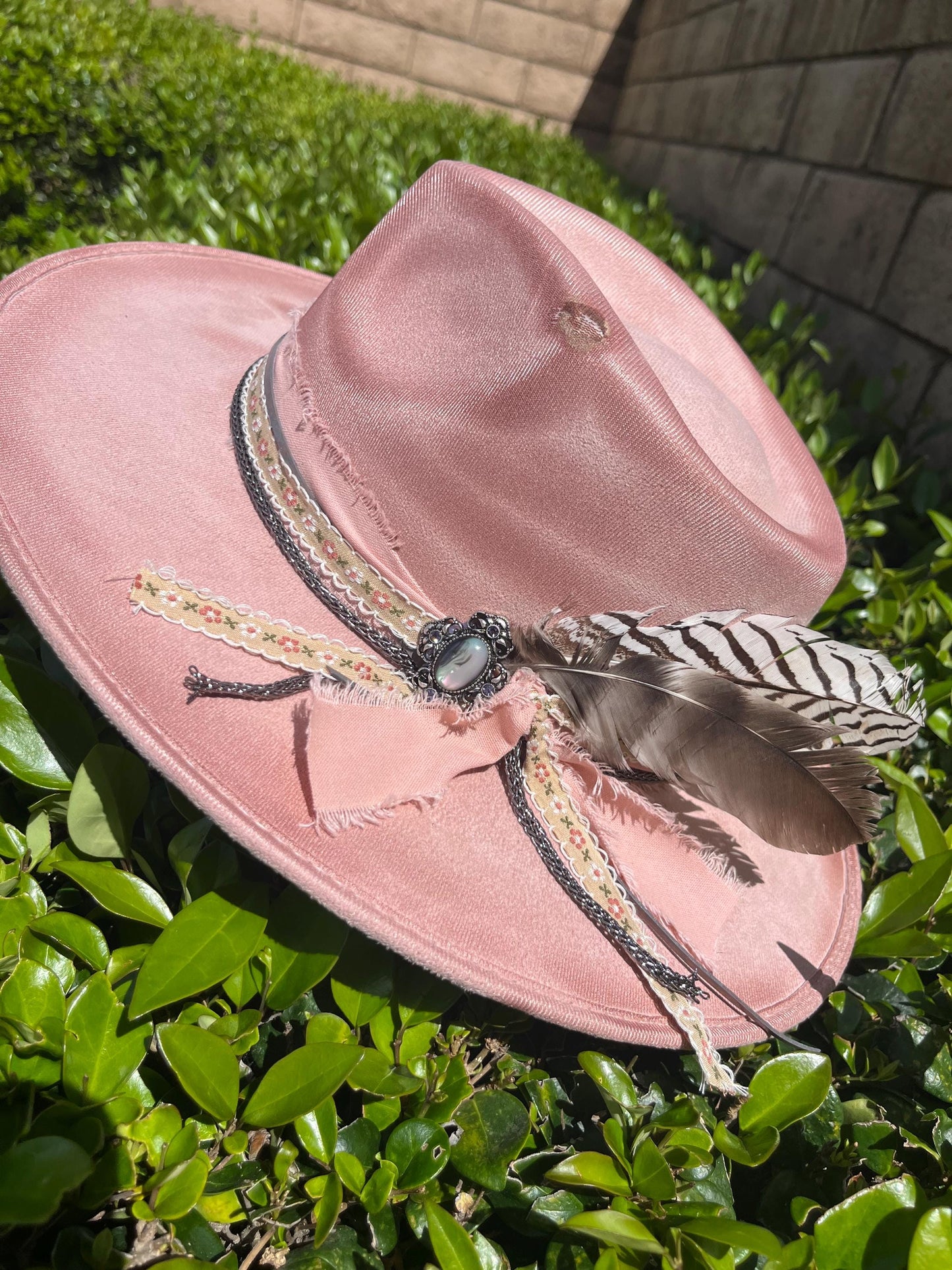 Hand burned distressed Pink western flat brim cowboy hat