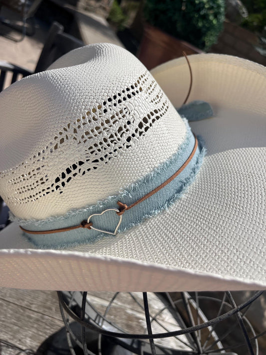 western cowboy hard straw hat with a light blue denim band.